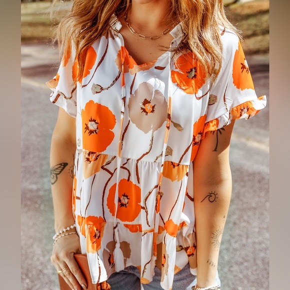 FLORAL PRINTED FLOUNCE SLEEVE TIE-NECK PEPLUM BLOUSE - Picture 1 of 6